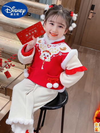迪士尼女童宝宝冬装加厚唐装套装中小童中国风夹棉外套新年服女孩拜年