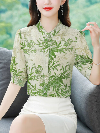 艾格洋气印花中袖雪纺女士衬衫夏2023新款夏装真丝衬衣女遮肚上衣夏天