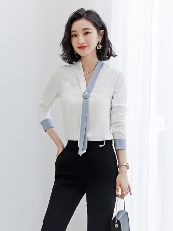 撞色职业女装套装打底白衬衣宽松韩版不透小衫白色衬衫8056黑裤xxl