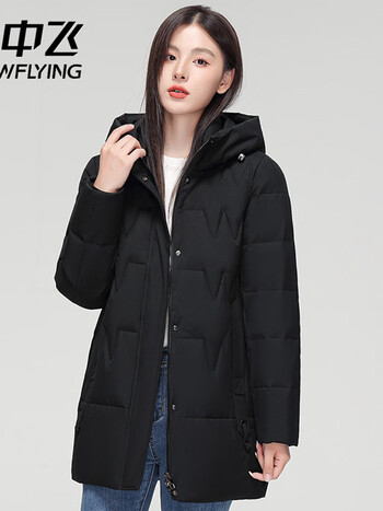 雪中飞品牌2023年冬装新款官方旗舰店中长款修身连帽羽绒服女黑色m90