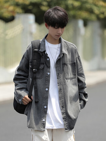 水洗牛仔外套男春秋季高街痞帅宽松大码衬衫式上衣服浅灰色m95115斤