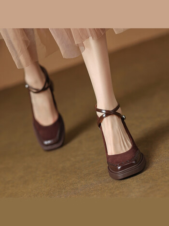 艾上他她复古玛丽珍鞋女新款春秋季jk制服小皮鞋高跟鞋粗跟单鞋深棕色