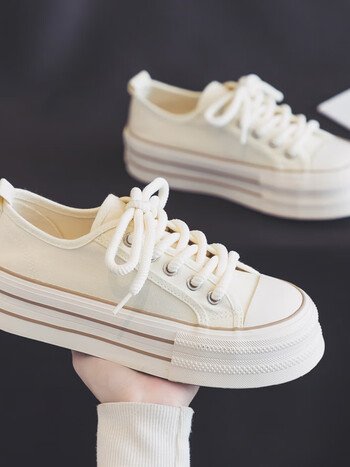 人本秋季白色厚底帆布鞋女鞋新款春秋百搭休闲板鞋布鞋小白鞋男米卡其