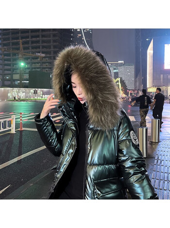 拉夏贝尔homme中长款亮面羽绒服女冬加厚2022新款外套ins潮过膝面包服