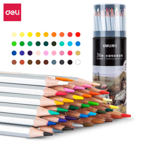 得力(deli)36色学生水溶性铁桶装六角杆彩色铅笔彩铅套装(附赠画笔)68101