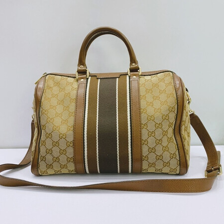二手9成新gucci古驰老花帆布配皮波士顿手提肩背包