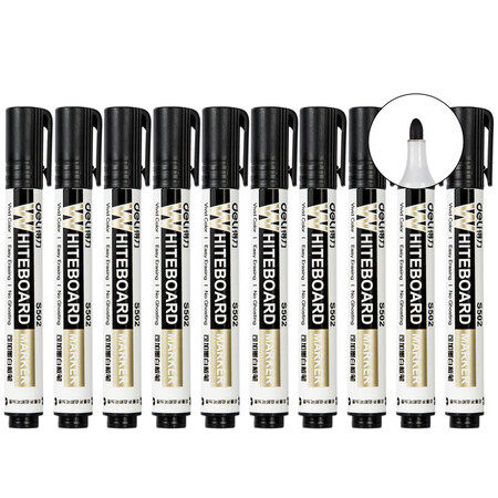 得力delis502可加墨黑色白板笔可擦易擦办公会议教学用品黑色10支盒3