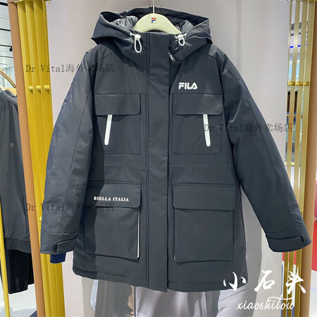 FILA斐乐2024冬女士中长款羽绒服休闲连帽工装外套F11...