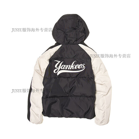 MLB情侣羽绒服男女NY学院风撞色拼接连帽运动棉羽外套3AD...