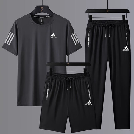 阿迪达斯 （adidas）夏季三叶草运动冰丝短袖套装男宽松休...