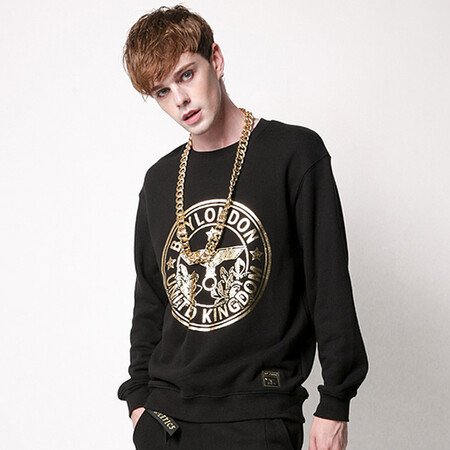 全球购 boy korea london 韩国潮牌 经典字母情侣款圆领卫衣 黑色金标