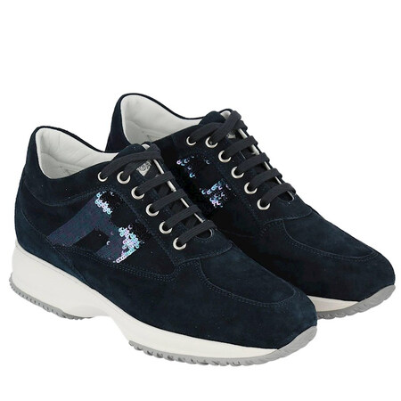 hogan/霍根 18新款女士蓝色麂皮银色h标系带休闲鞋 蓝色 37.