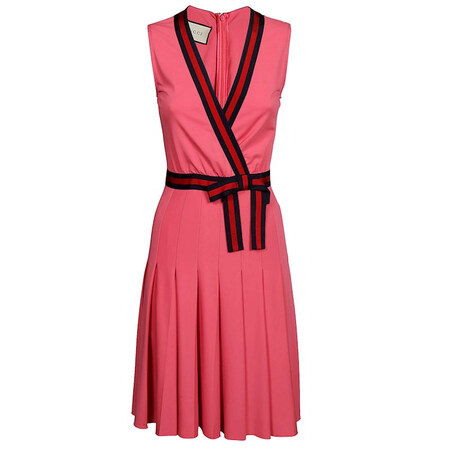 gucci/古琦女士粉色撞色条饰边蝴蝶结v领百褶拼裁无袖连衣裙 粉红色