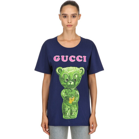 古驰gucci 奢侈品女装 泰迪熊印花棉质针织t恤 blue 大码(l)