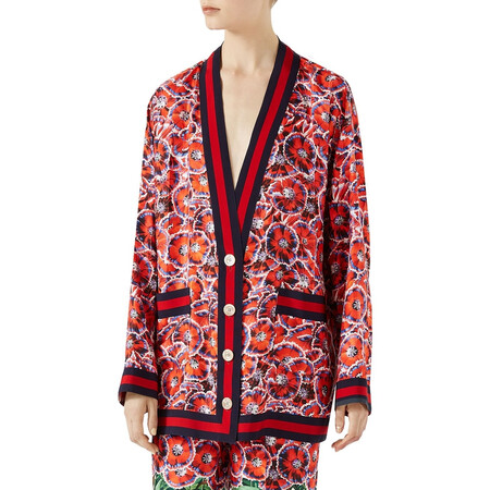 古驰gucci 奢侈品女装 园林印花真丝斜纹布长袖睡衣式上衣 white/red