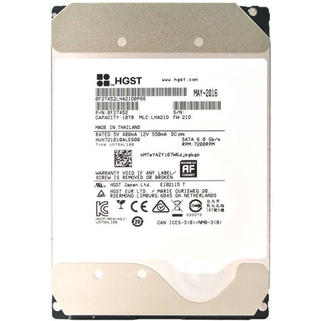 昱科(HGST) 10TB 7200转256M SATA6Gb/s 氦气密封 企业级硬盘(HUH721010ALE600)