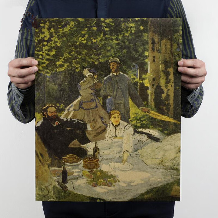 油画装饰画芯复古怀旧牛皮纸海报壁画贴 黄色 475梵高草地午餐 36*47