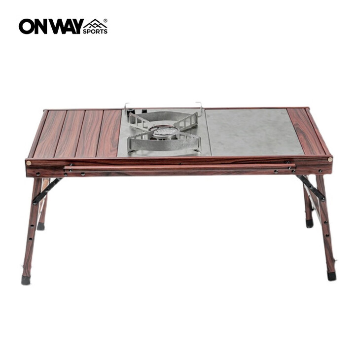 OnwaySports户外露营茶几桌 便携折叠铝合金蛋卷桌 BC黑化IGT野餐桌 OW-8242 复古茶几桌(桌炉另购) 木纹色