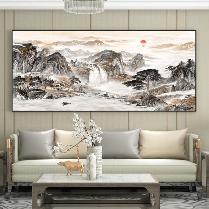 聚宝盆山水画中式国画办公室风景挂画客厅装饰字画沙发背景墙壁画 11款-流水生财 含框尺寸210高90cm-顺丰入户 【亮面晶瓷】金框（95%客 ...