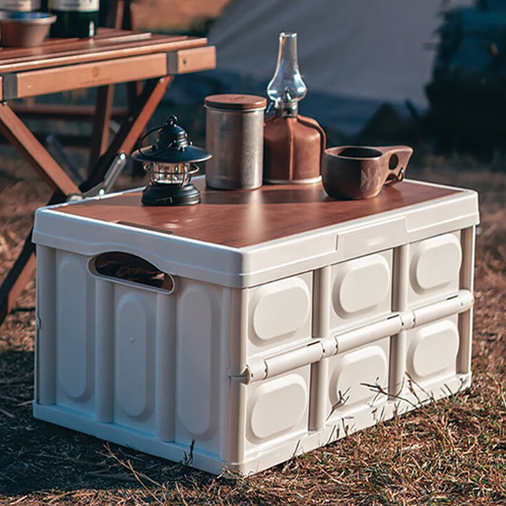 山头林村 户外露营收纳箱 野营折叠箱野餐桌车载储物箱 【米白】