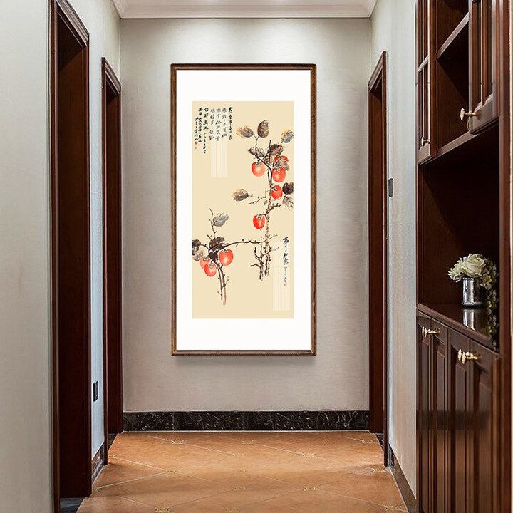 玩易 张大千柿柿如意走廊过道新中式玄关装饰画竖版山水壁画客厅挂画 事事如意 63*123cm(卡纸精裱,胡桃色框)【图片 价格 品牌 报价】-京东