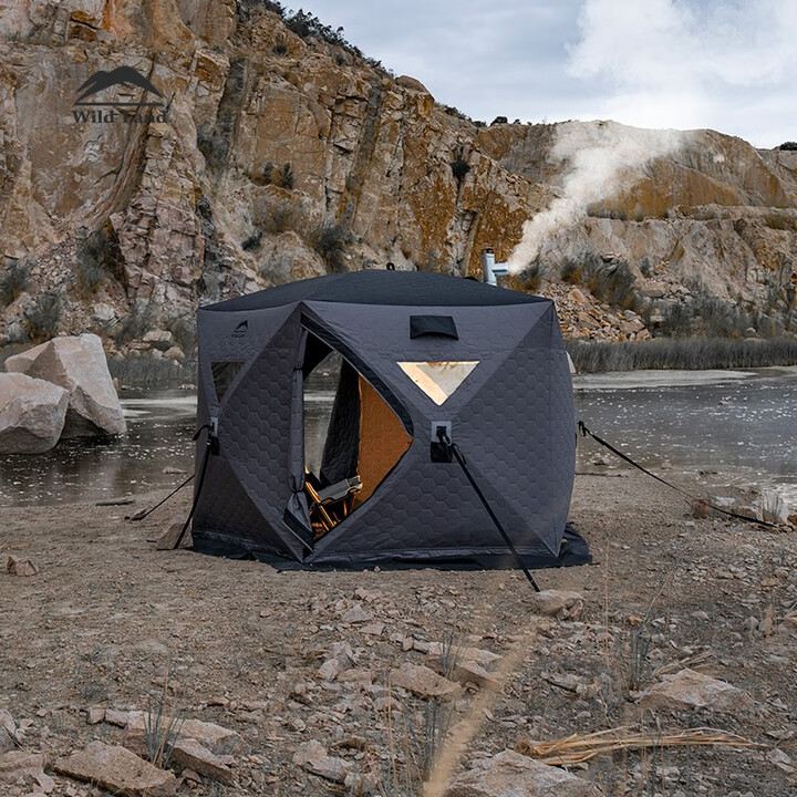 秋野地秋冬帐篷户外露营冬季保暖防寒带烟囱口柴暖口加厚钓鱼防风冰钓帐 深灰+黑色