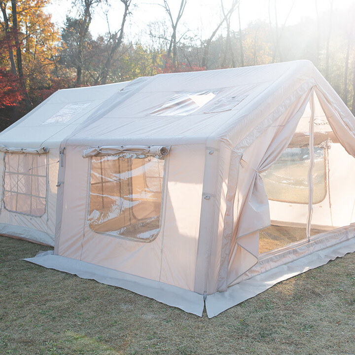 军鑫科技户外露营帐篷免搭建气柱式打气小屋棉布帐篷可拓展营地充气帐篷 米黄色9平 3.6*2.5