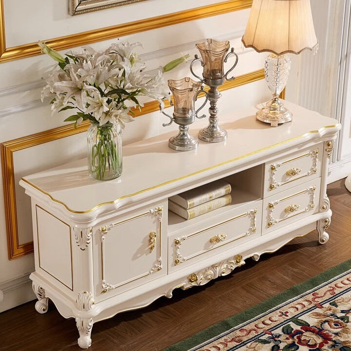 艾米河卧室电视柜欧式实木高款储物柜象牙白描金主卧房间床尾整装地柜