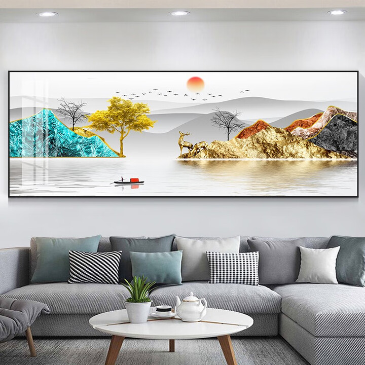 家里挂的山水画客厅装饰画沙发背景墙后壁画新中式挂画晶瓷办公室 背有靠山 60*180适合2.5-3米沙发高端立体【图片 价格 品牌 报价】-京东