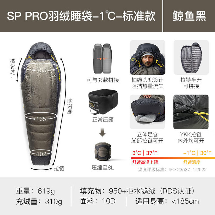 SEA TO SUMMIT 澳大利亚户外登山远足露营用850+轻量鹅绒睡袋Spark Pro系列 3到零下1度185标准版