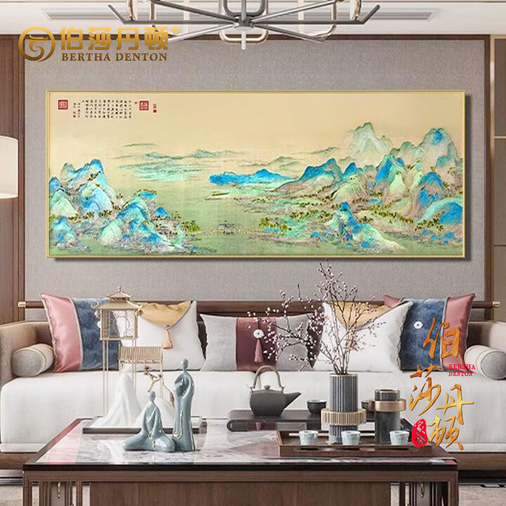 伯莎丹顿千里江山图客厅装饰画沙发背景墙壁画酒店别墅高档山水珐琅彩挂画 千里江山图 90*270cm(定制) 奢华钛合金边框【图片 价格 品牌 ...