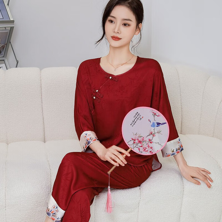 达芬奇密码冰丝睡衣女士带胸垫新中式国风睡衣女夏季送妈妈生日礼物实用 浪花如雪 酒红 XL 【推荐120-140斤】【图片 价格 品牌 报价】-京东