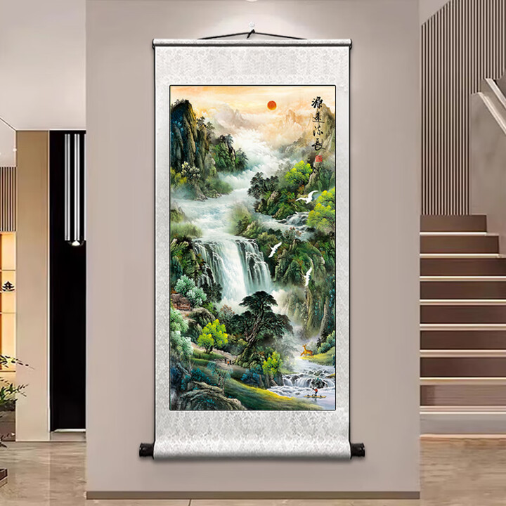 书舞堂流水生财挂画招财聚宝盆山水画靠山图办公室客餐厅玄关装饰画卷轴 风水大师推荐-竖版银白色款 整体尺寸:宽50厘米 高100厘米（送挂钩 ...