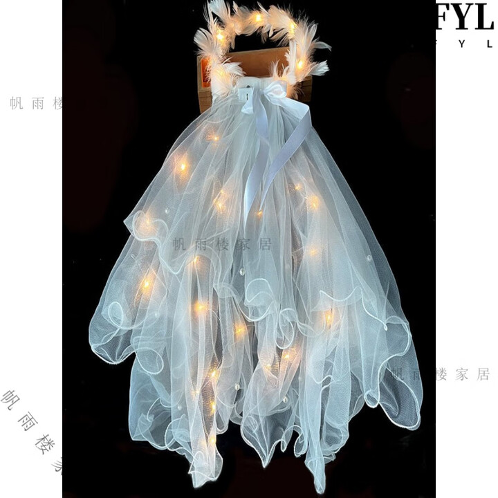 高级感儿童头纱带灯生日仪式女孩女童道具网红发光头纱花环头饰 发光