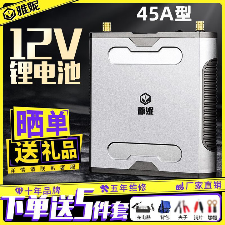 雅妮12V锂电池大容量充电户外动力蓄电池大功率聚合物电芯超轻 45A型+充电器+背包+小配件
