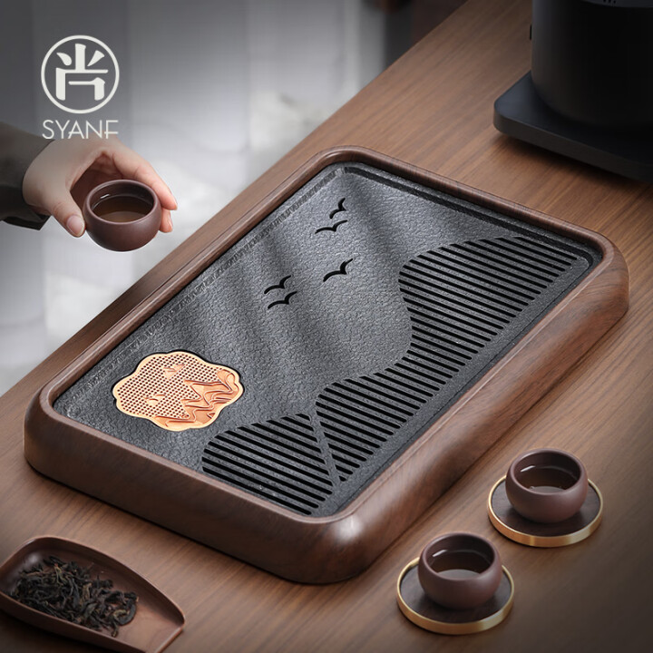 尚言坊茶盘带排水仿乌金石干泡茶台高端功夫茶具托盘小茶盘
