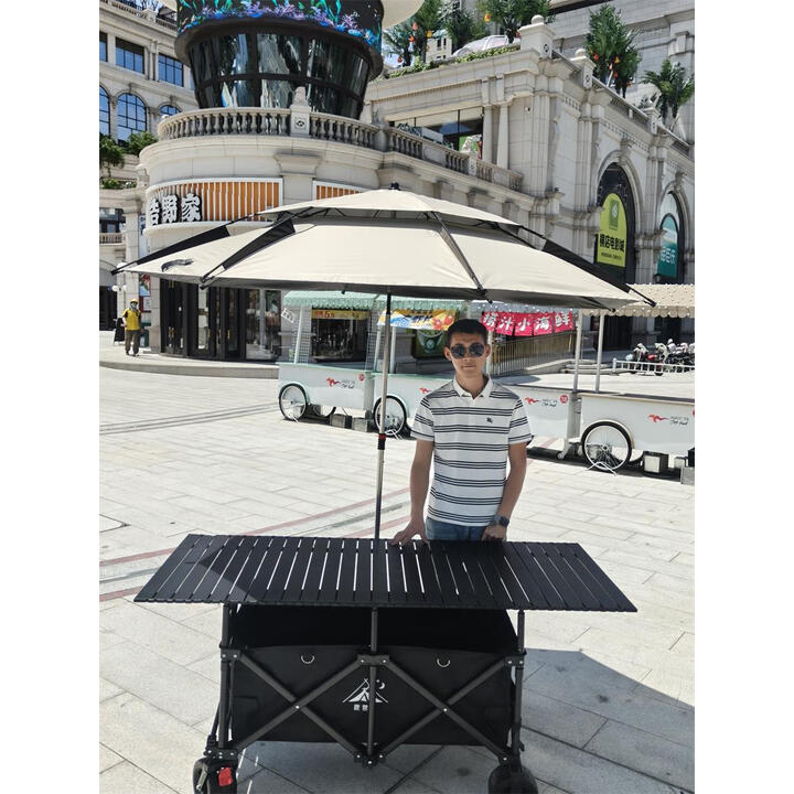鹿营地(升级加固)摆摊推车一体摊车户外露营车带桌板大号聚拢夜市摆摊 立柱 170x72黑桌+黑车+米伞
