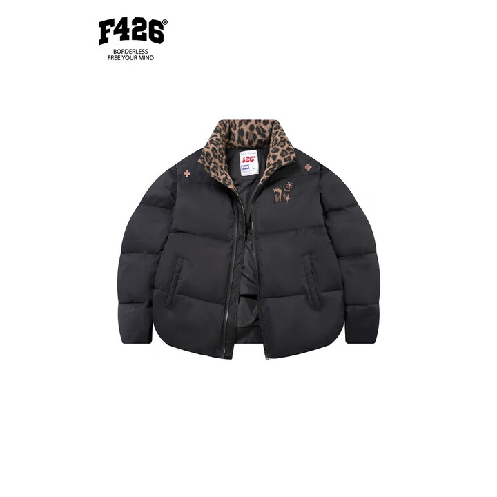 F426国潮牌冬季新款国潮牌豹纹拼接字母刺绣立领棉服 黑色 S【图片 价格 品牌 报价】-京东