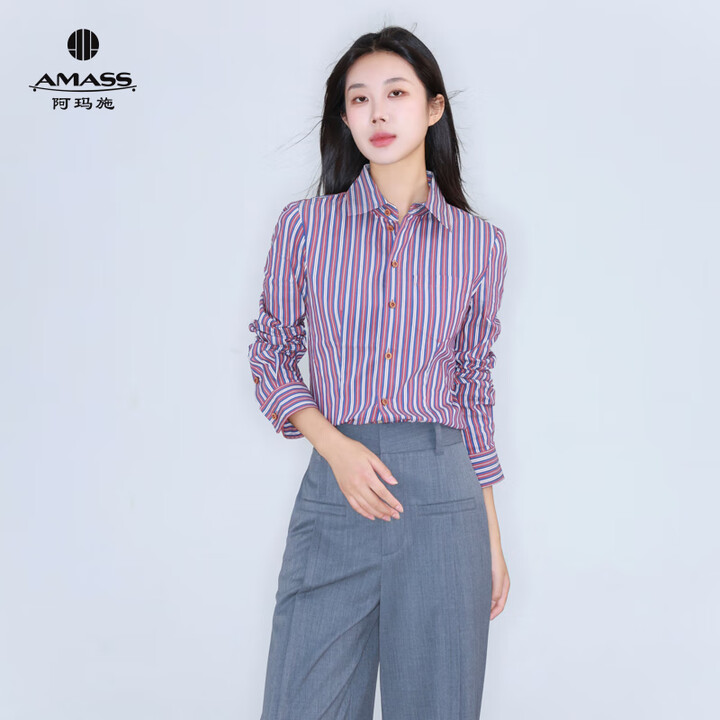 阿玛施（AMASS）品质女装经典百搭通勤简约时尚百搭条纹长袖衬衫女530022 紫色条纹 M (3码)【图片 价格 品牌 报价】-京东