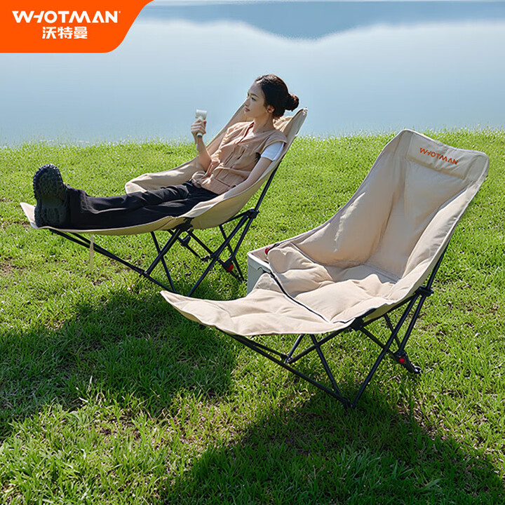 沃特曼户外月亮椅带脚托加棉露营椅折叠椅子折叠躺椅午休钓鱼便携式休闲