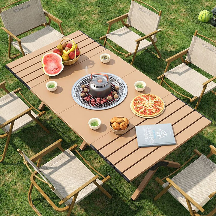 蒲恋户外桌露营庭院烧烤野餐夜市摆摊户外烧烤桌子木炭烤炉长桌折叠式 茶色 【大号】围炉煮茶（送收纳袋）