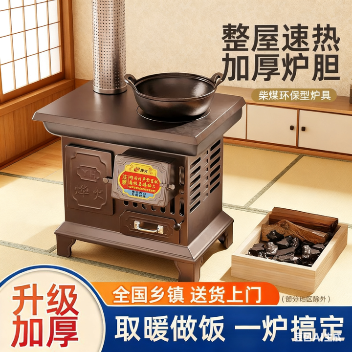 柴火取暖炉柴煤两用气化炉子冬天农村家用室内无烟采暖新型烤火炉 大号特厚款+3米烟筒弯头+防烫网礼包