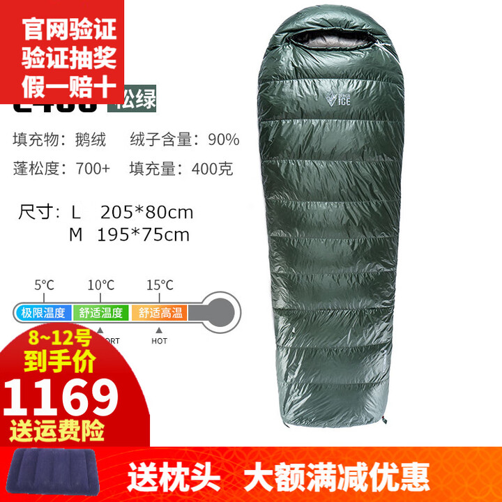 黑冰（BLACKICE）新标准羽绒睡袋户外E400E700E1000E1300露营信封鹅绒拼接 松绿色E400(10度)-联系客服优惠 M-174身高以下