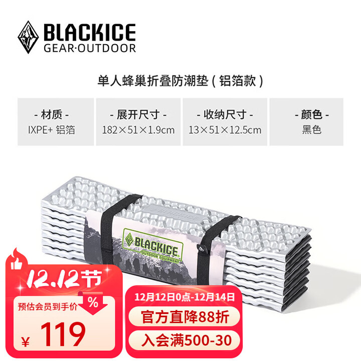 黑冰（BLACKICE）户外露营GEO单人蜂巢防潮垫铝箔款轻量可折叠便携蛋巢野餐垫子 Z6106黑色 均码