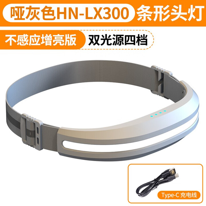 哈拿 强光感应头灯超长续航户外赶海野钓头戴超轻LED钓鱼照明灯 哑灰色HN-LX300条形不感应头灯