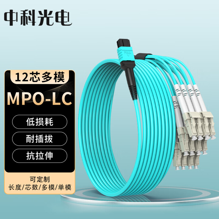 中科光电 MPO-LC光纤跳线 OM3多模光纤跳线集束跨距300 40G/100G光纤线 兼容MTP 极性可定制 MPO转LC 12芯B极母头 ...