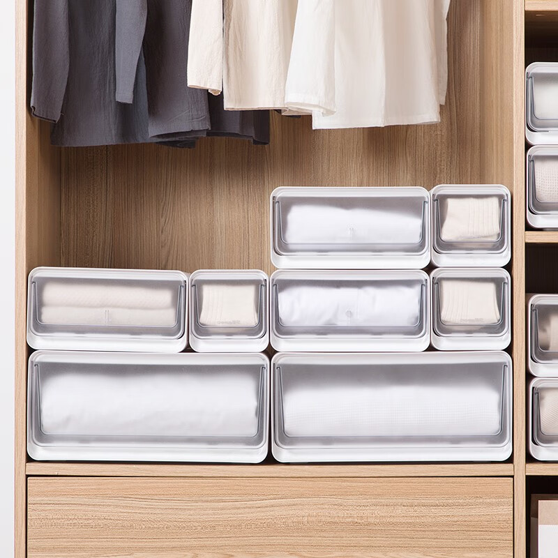 茶花收纳箱抽屉式衣柜内桌面收纳盒自由组合家用塑料整理箱衣服储物箱 【3个装】中号【带隔板】