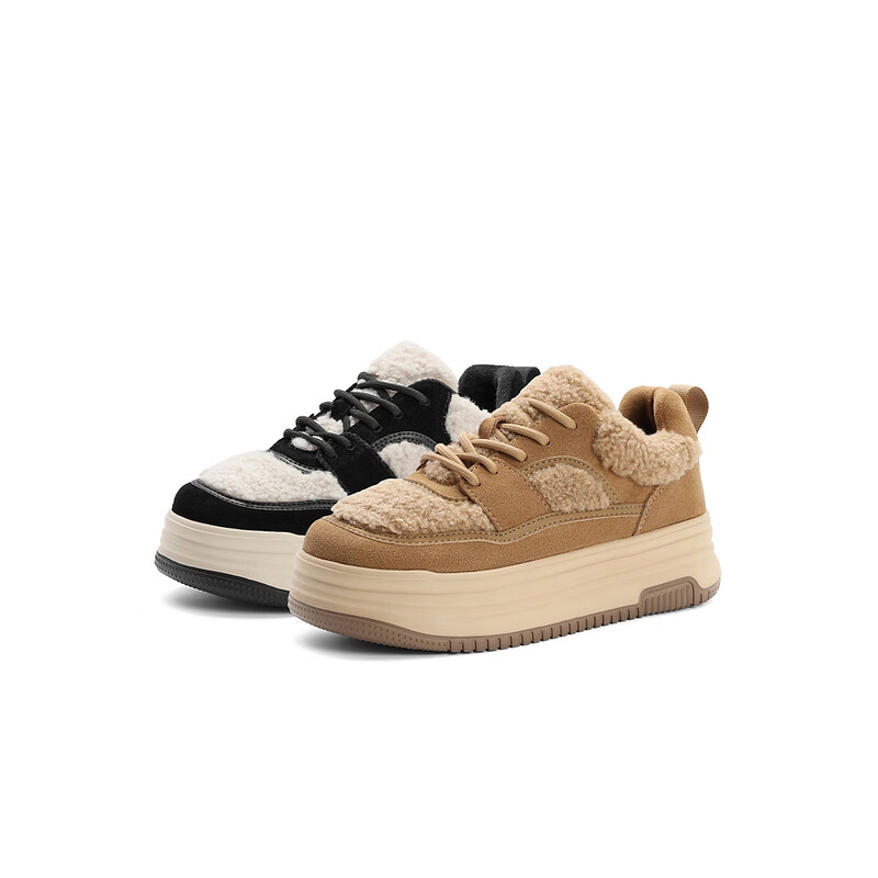 百丽百搭毛毛鞋女2023冬季新款撞色休闲毛毛板鞋B1511DM3预售 黑色 34