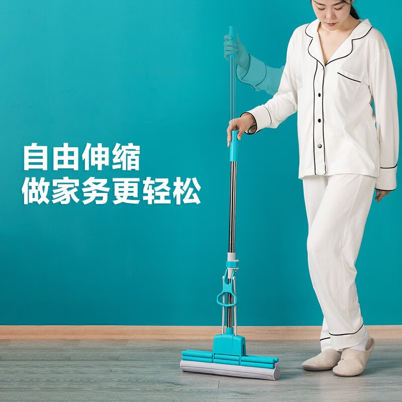 茶花海绵滚轮拖把免手洗2023新款家用拖地神器胶棉吸水地拖 【蓝大号】洁境滚轮胶棉拖