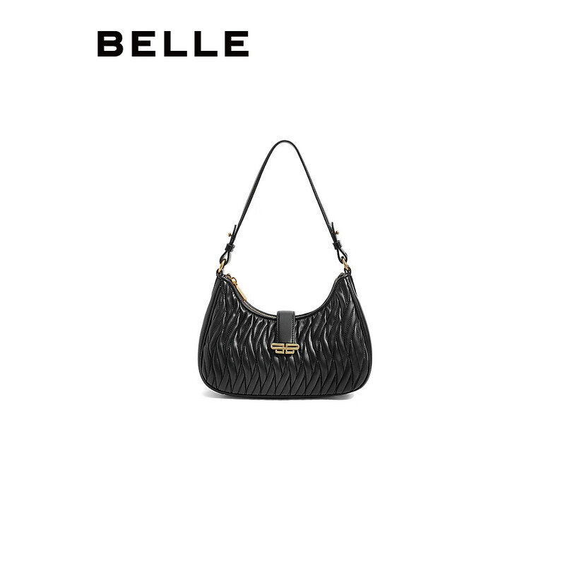 百丽包包2023秋新气质优雅褶皱单肩腋下包X9162CX3预售 黑色 F